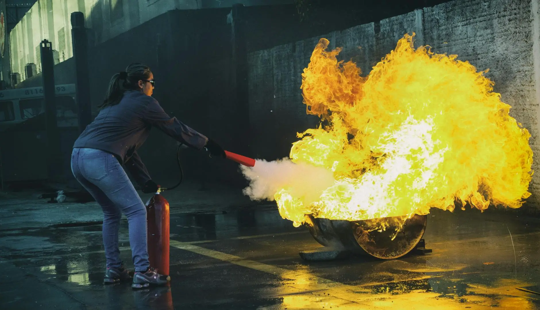 Équipe technique d'intervention maîtrisant la prévention des risques lors d'une simulation incendie